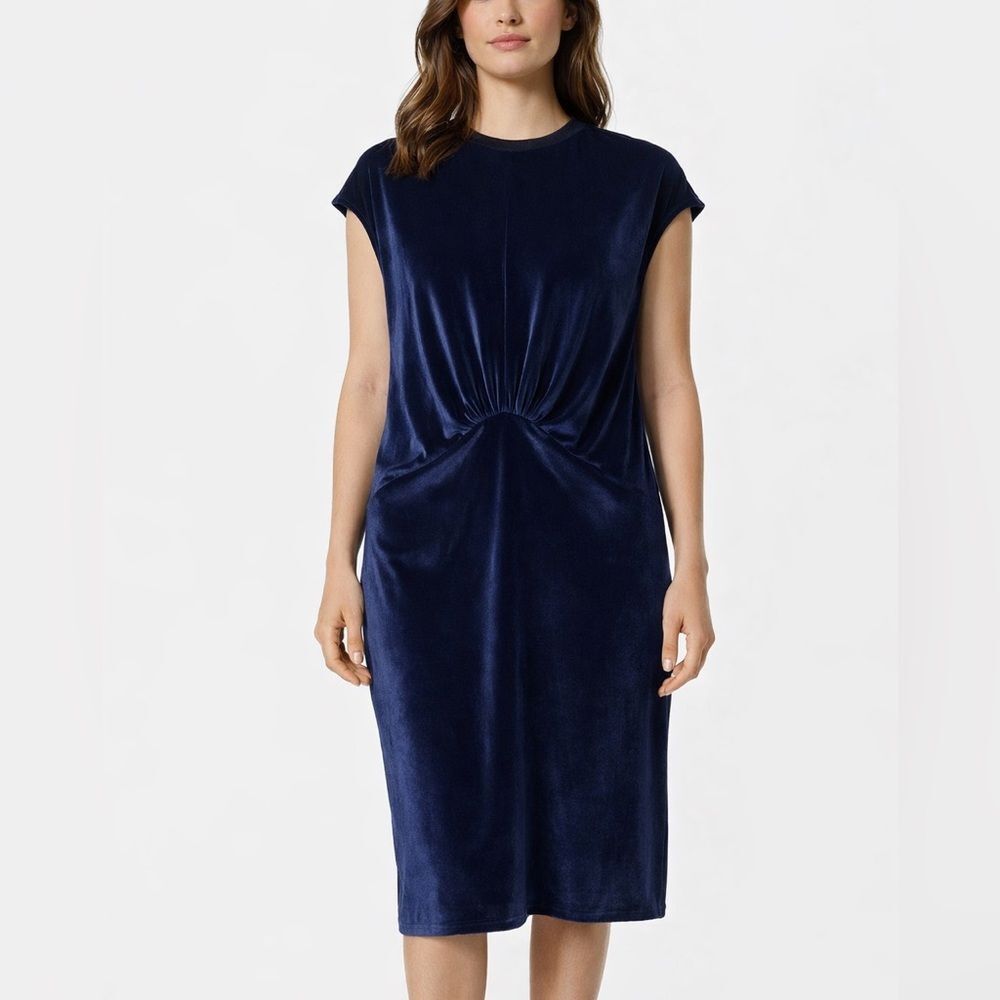 UNTTLD Velvet Midi Dress Women's 8‎ Navy Blue Ruched Cap Sleeve Cocktail Elegant